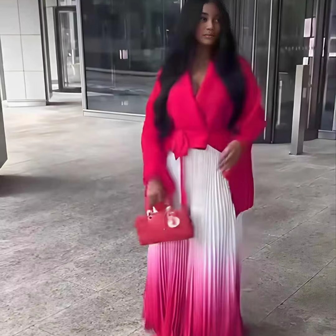 Newest Casual African Style Quarter Sleeves Issey Miyaki Pleat Plus Size Gradient Color Women Two Pieces Skirt Set Clothing