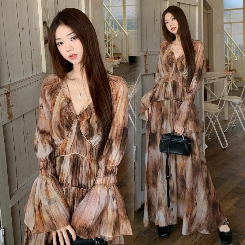 2025 New Arrival Plus Size Women's Clothing Spring and Summer New European Style Dress set Gradient Long dress V-neck Flared Long Sleeve