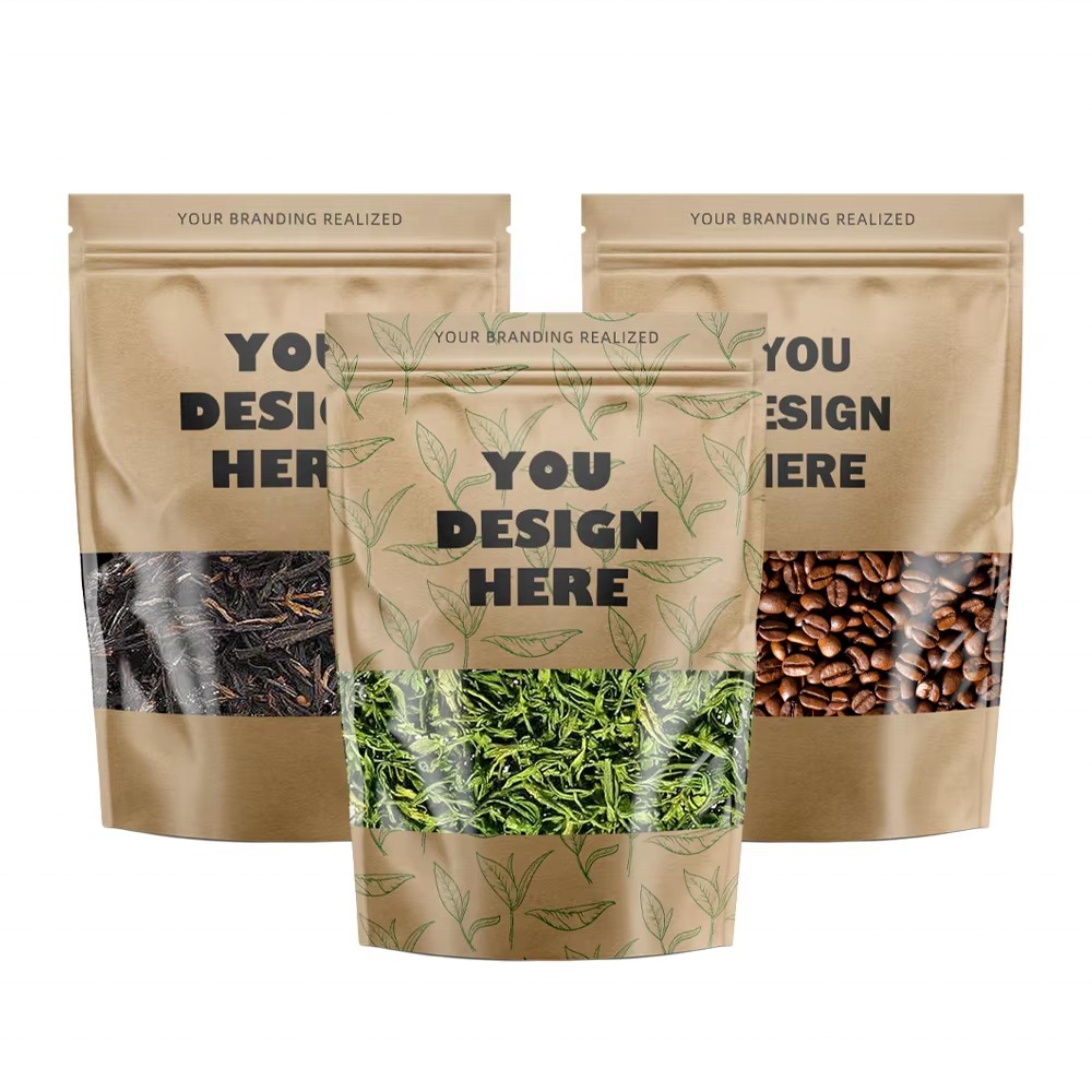 Custom Packaging Resealable Kraft Paper Stand up Bags With Window Mylar Bags Wholesale Zip Lock Plastic Stand up Tobacco Pouches