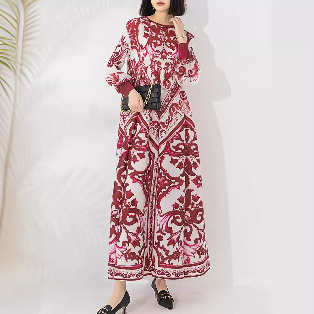 Wholesale Latest Loose Printed Plus Size Lantern Pleated Dress 100% Polyester Casual Fashion Pleated Dress