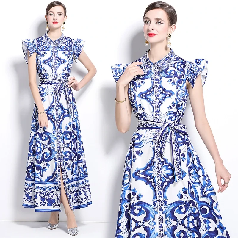 Stylish Dress Retro Heavy Industry Positioning Print Binding Waist Single-Breasted Over Knee Dress