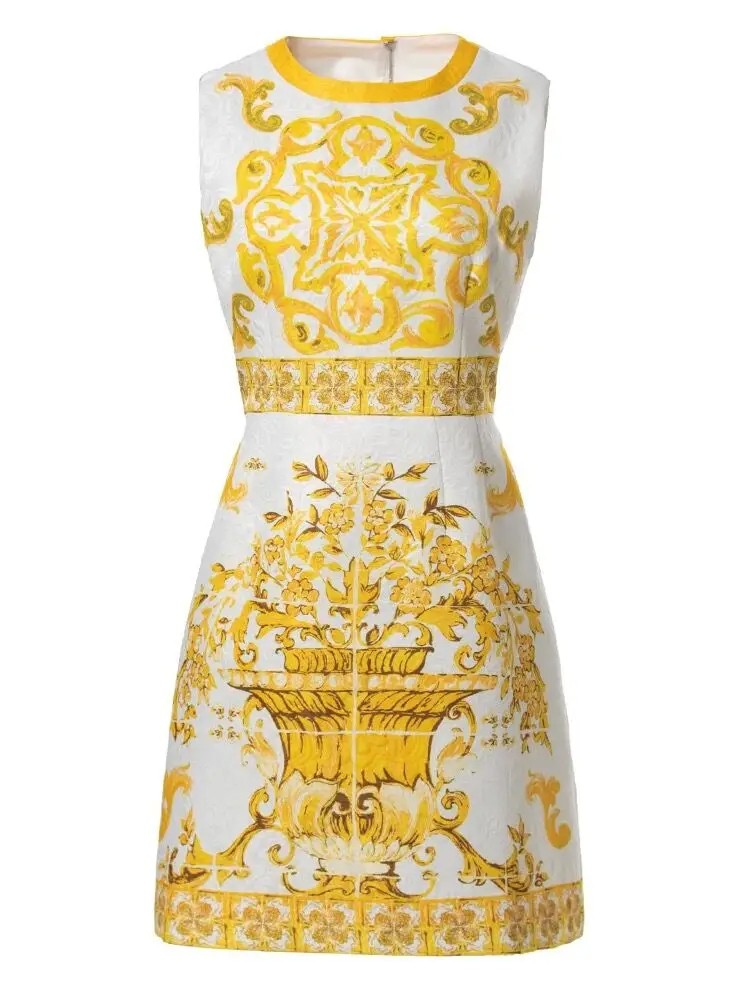 Summer Golden Sundress Holiday Floral Short Dress Women's Yellow Blue And White Porcelain Print Holiday Tank Mini Vestidos