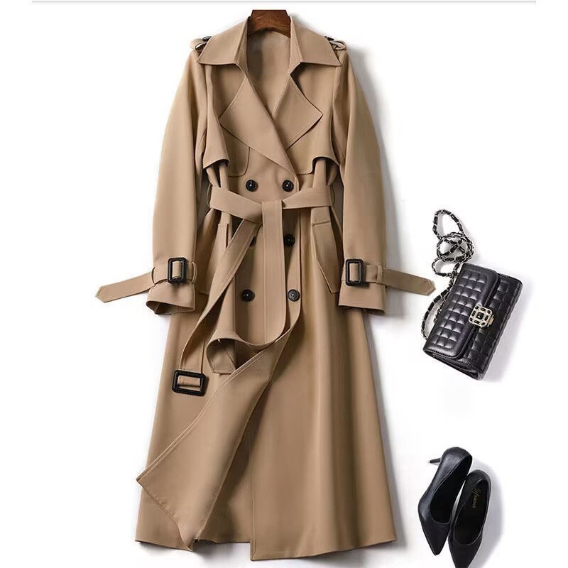 British Style Mid-Length Belt Solid Color Women's Trench Coat Jacket Sehe Fashion