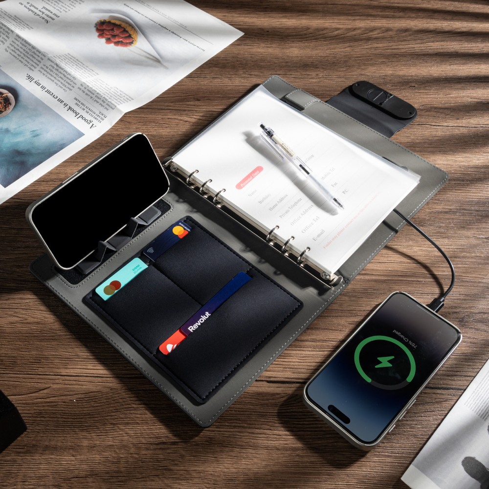 Customizable A5 Wireless Charging Notebook with Phone Stand | PU Leather Cover 3-in-1 Cable | Document Pocket Business Gift