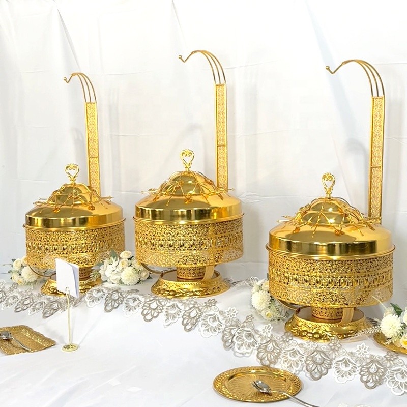 Large Capacity 8L Stainless Steel Gold Chafing Dish with Hanger Lid New Hot Pot for Buffet Parties Weddings Metal Fuel Heating