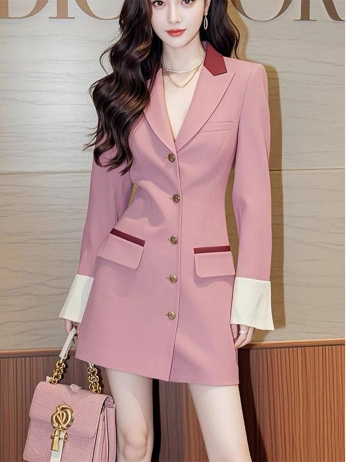 High-end 2025 women's dress new style trend elegant lady chanel-style suit spliced slimming pink waist-clinching dress