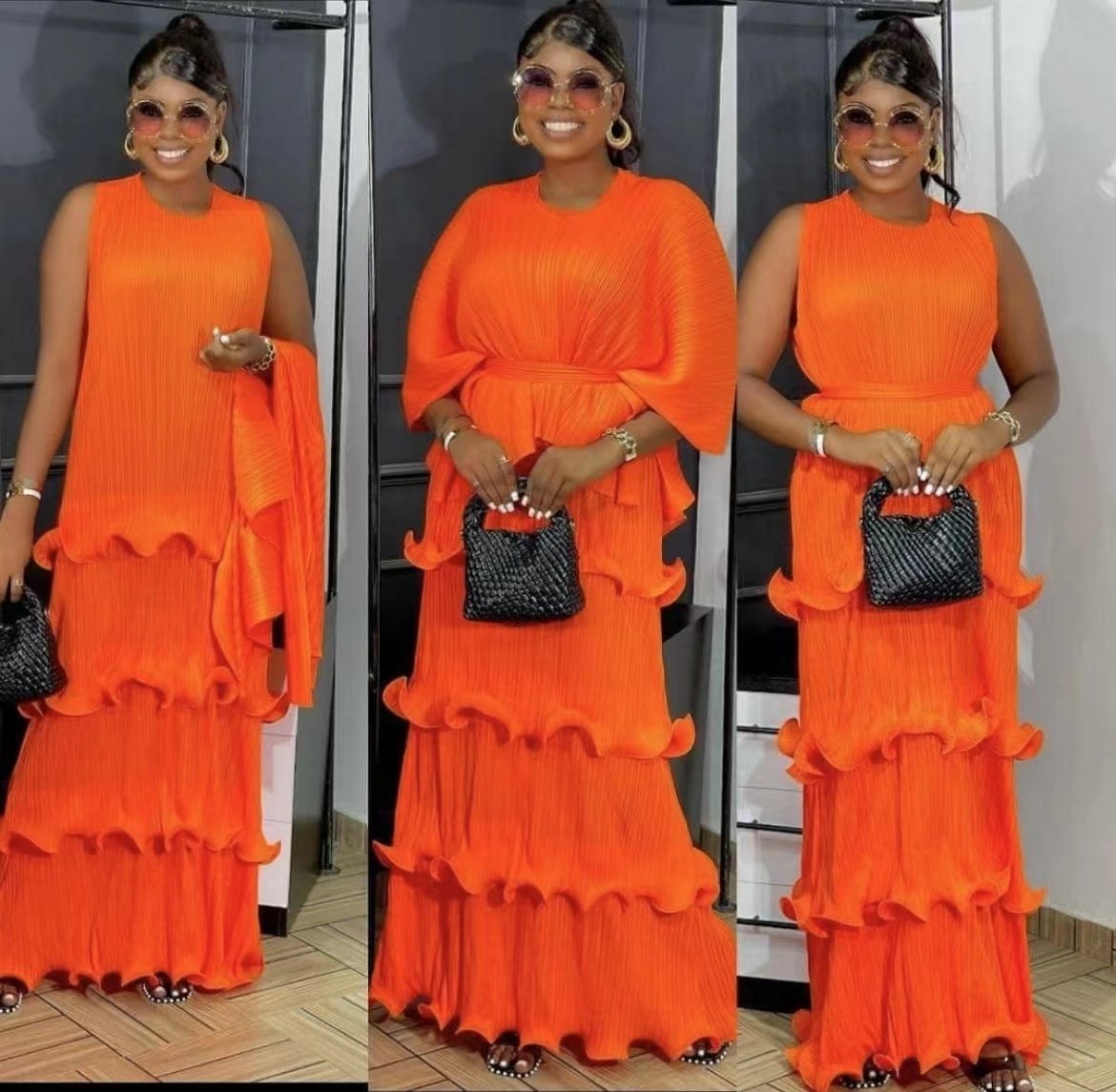 2 Piece Set for Women O-neck Solid Color ShortSleeve Pleats Belt Bodycon Casual Fashion Ruffle Elegant Women Dress