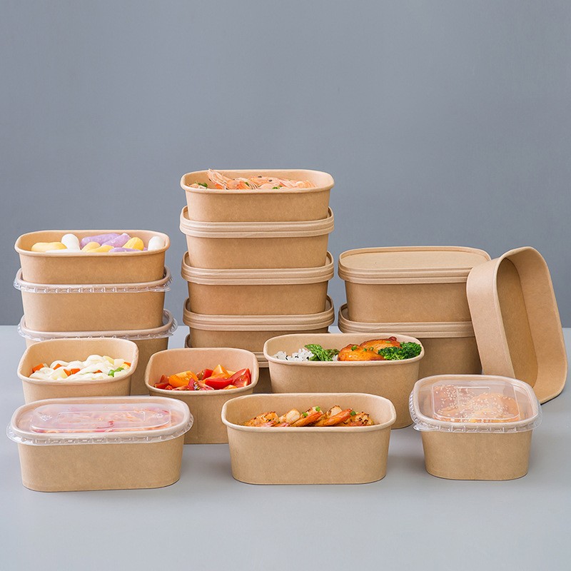 Disposable Kraft Paper square Rectangular Box Takeaway Lunch Snack Box Green Salad Packaging Bowl with Cover.