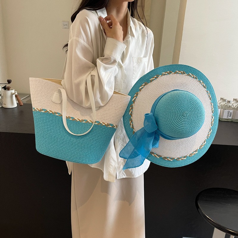 HOT SALE Beach Bag Large Capacity Woven Bag With Hat New Hand Woven Colorful Tote Bag