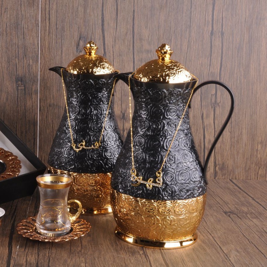 Royal Black Gold Arabian Glass Liner Carefe Porcelain Cawa Cup 1L Tea Coffee Kettle Set Dallah Pot Arabic Coffee