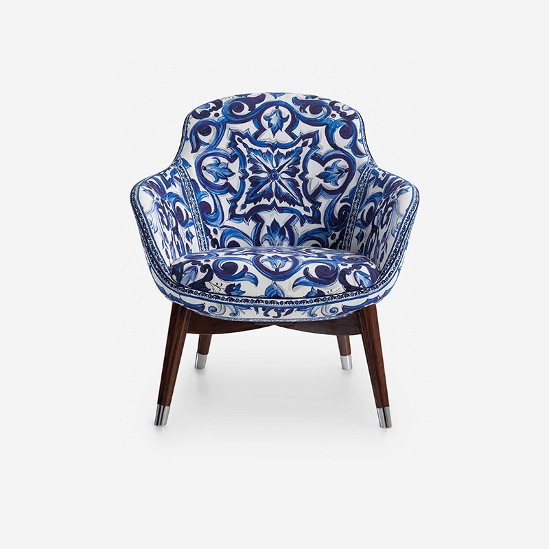 Italian Luxury Brand Handmade Minimalist Design Leisure Chair Blue Flower Fabric Upholstered for Home, Office, apartment, Italian Bedroom