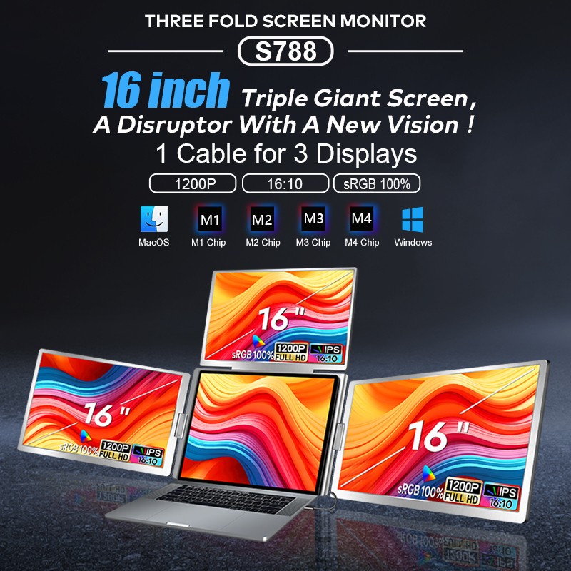 The Big Size 16 Inch 3 Screen As Portable Quad Monitor for Laptop Mobile Workstation