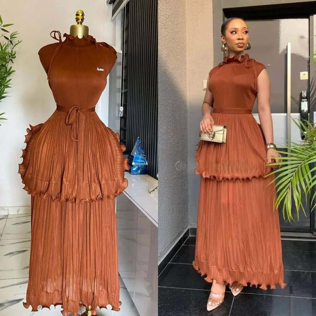 Factory Outlet Miyake Pleated Solid Color Ruffle Neck Plus Size Ankle Length Women's Dress for Summer for Formal Wear