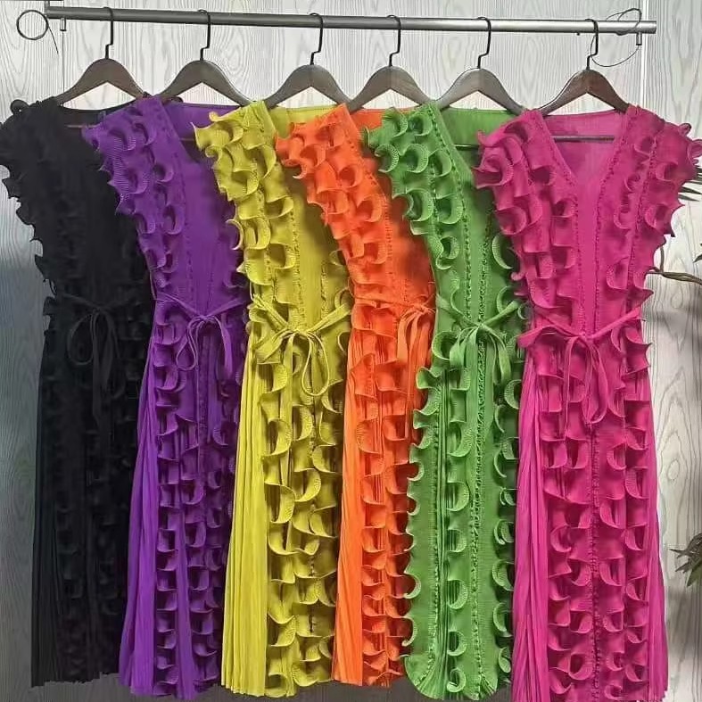 Casual African Solid Color High Quality V-Neck Ruffle Sleeveless Issey Miyake Pleated Plus Size Women Knee Length Dress