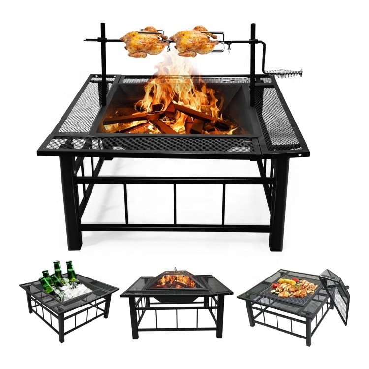 Customized Camping Charcoal Barbecue Grill Picnic Outdoor Garden Wood Burning Square Metal Table Fire Pit Campfire for sale