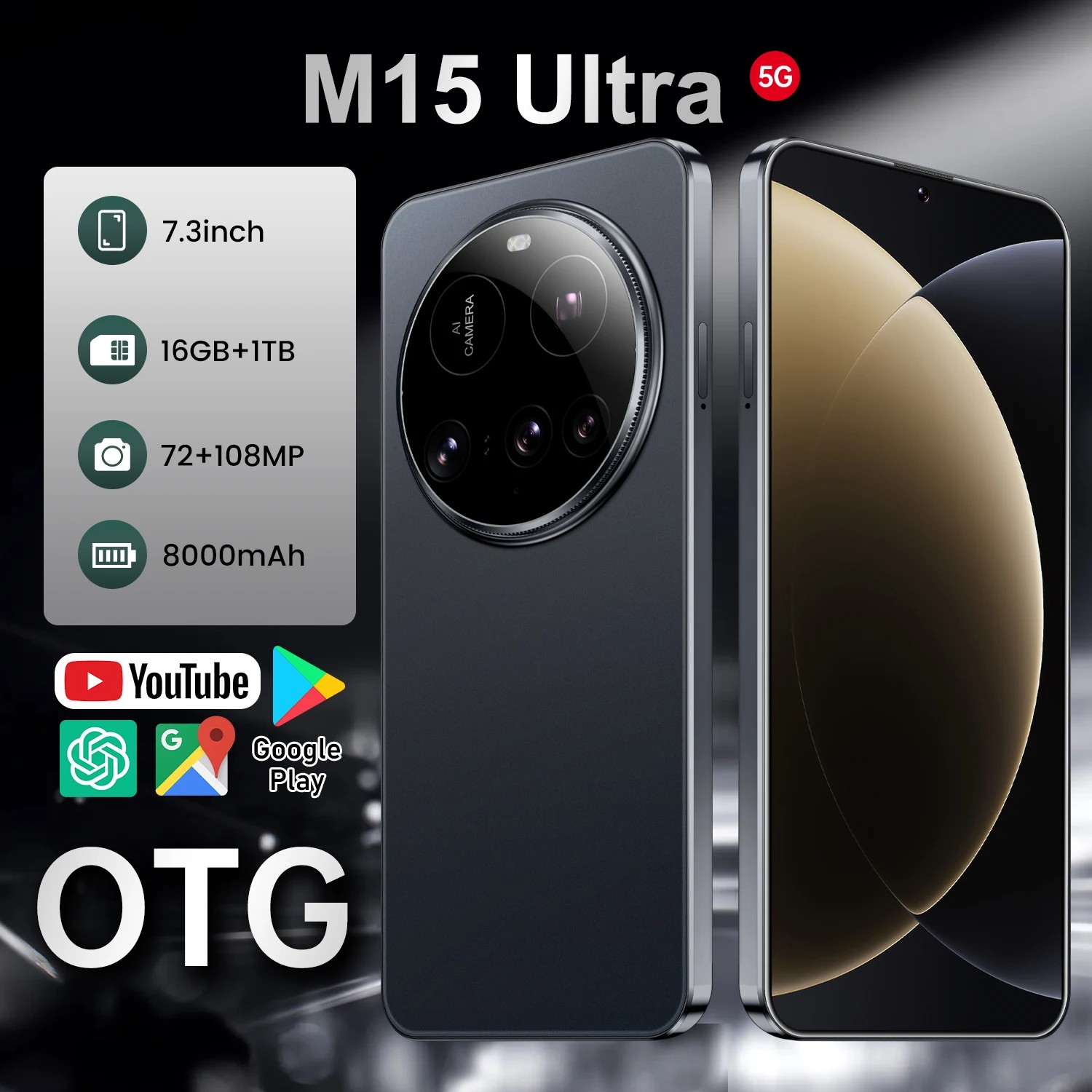 Real High Quality M15 Ultra Smartphone Android 14 16+1TB 5G Dual SIM Unlocked Global Version 7.3 Inch M15 ultra Mobile Phones