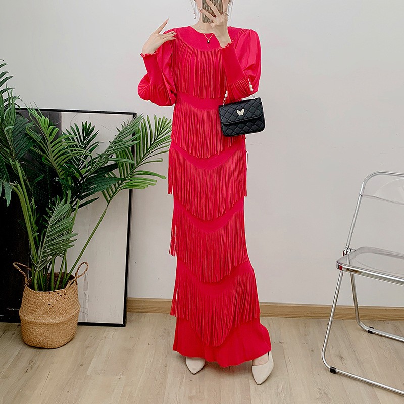 Ladies Dresses 2025 Long Sleeve Solid Color Casual Dresses for Women Pleated Tassel Long Dress