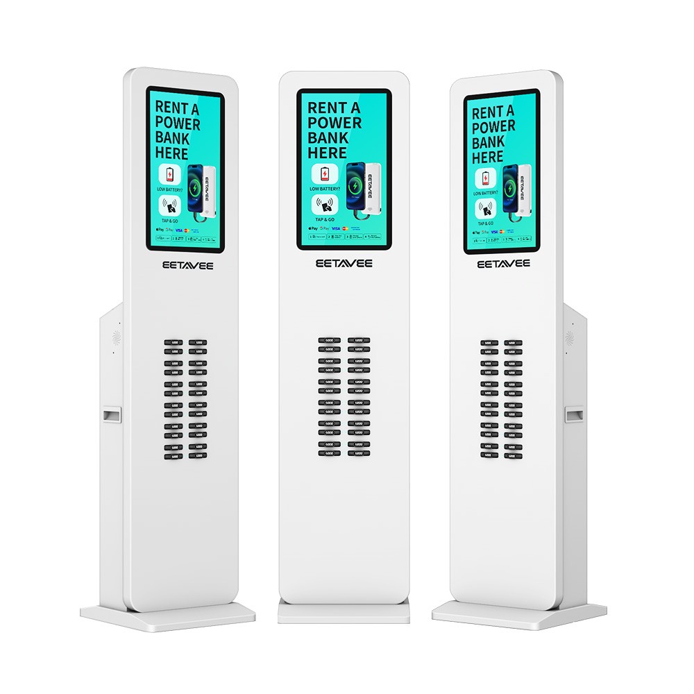 24-Slot Self-Service Power Bank Rental Kiosk with Large Advertising Screen for Commercial Use perfect for restaurants, schools, offices, bars, etc.
