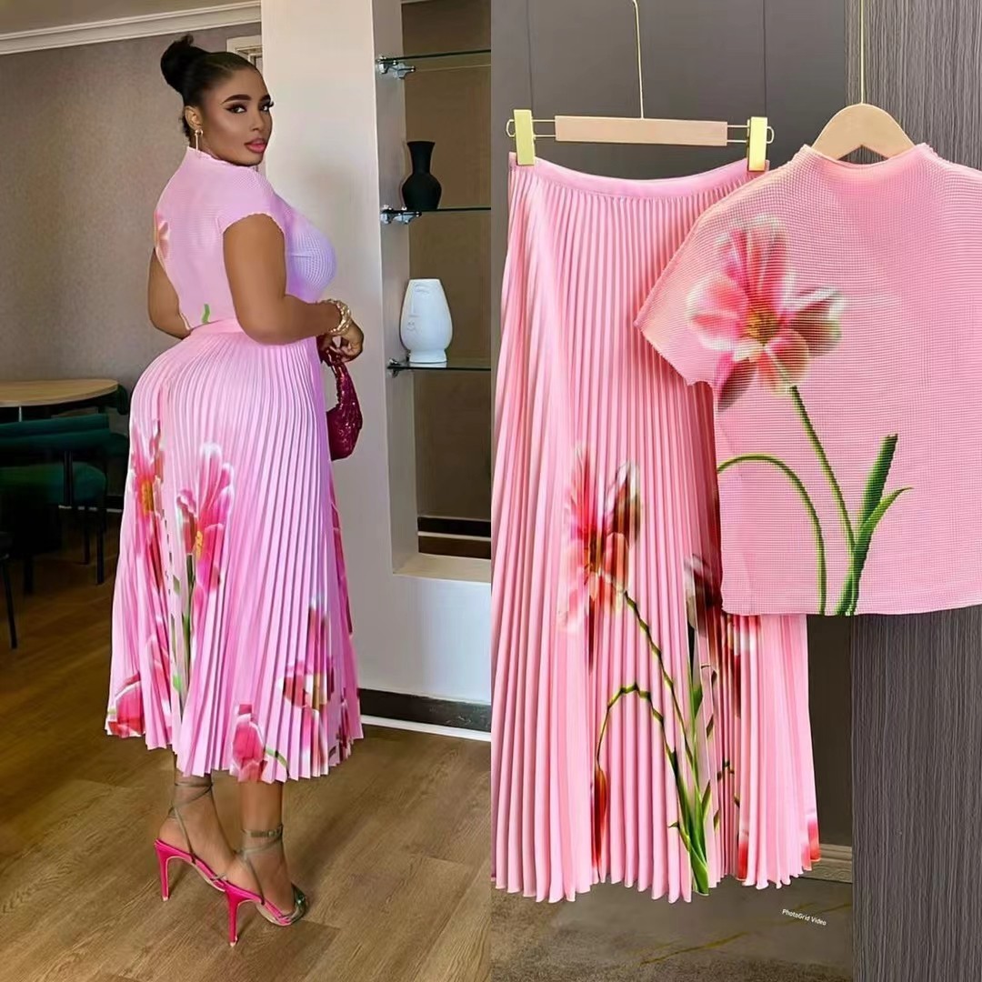 Stretchable African Floral Print Miyake Pleated Plus Size Women Clothing Two Piece Set Top and Skirt