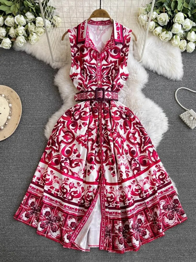 Summer Runway Sleeveless Turn Down Collar Single-Breasted A-Line Dress Women Holiday Flower Printing Belt Party Beach Vestidos