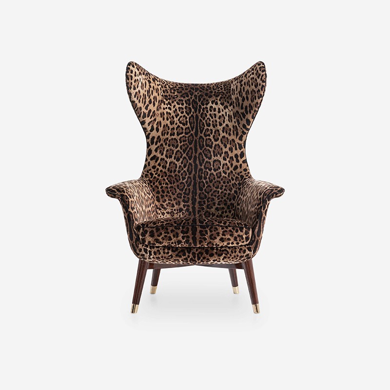 Italian Luxury Brand High Back Wing Chair with Leopard Fabric Stylish Minimalist Design Handmade for Home Living Room Furniture