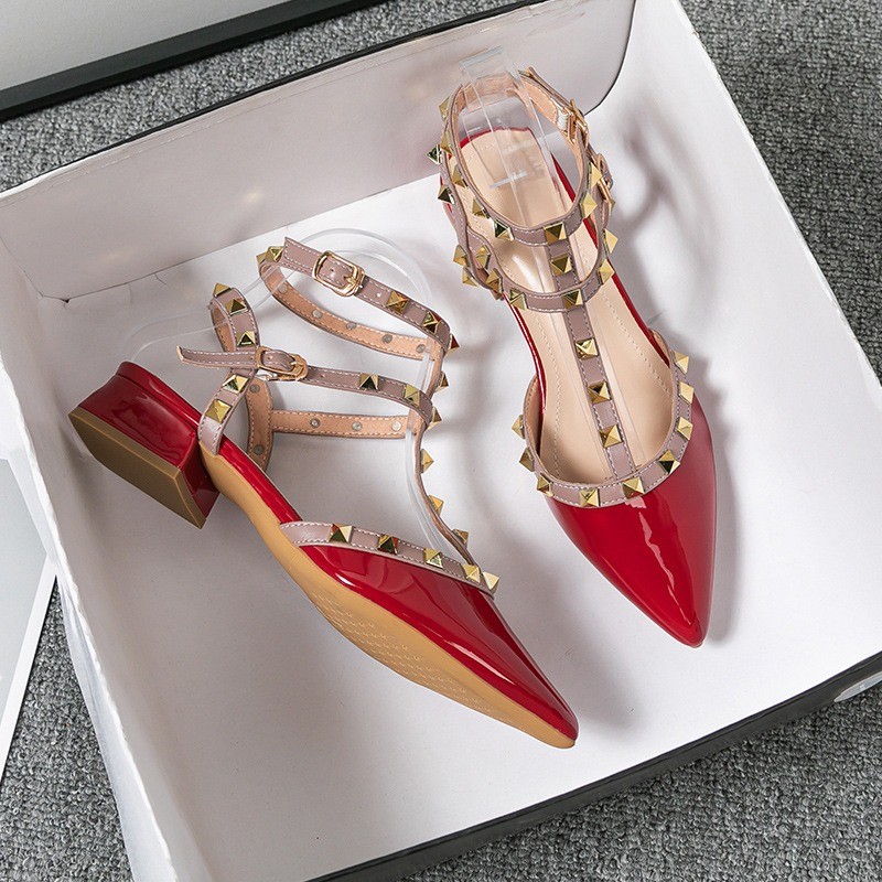 2025 Summer high-heeled women's sandals Fashion brand design pointed rivet red casual shoes Large size 41-43