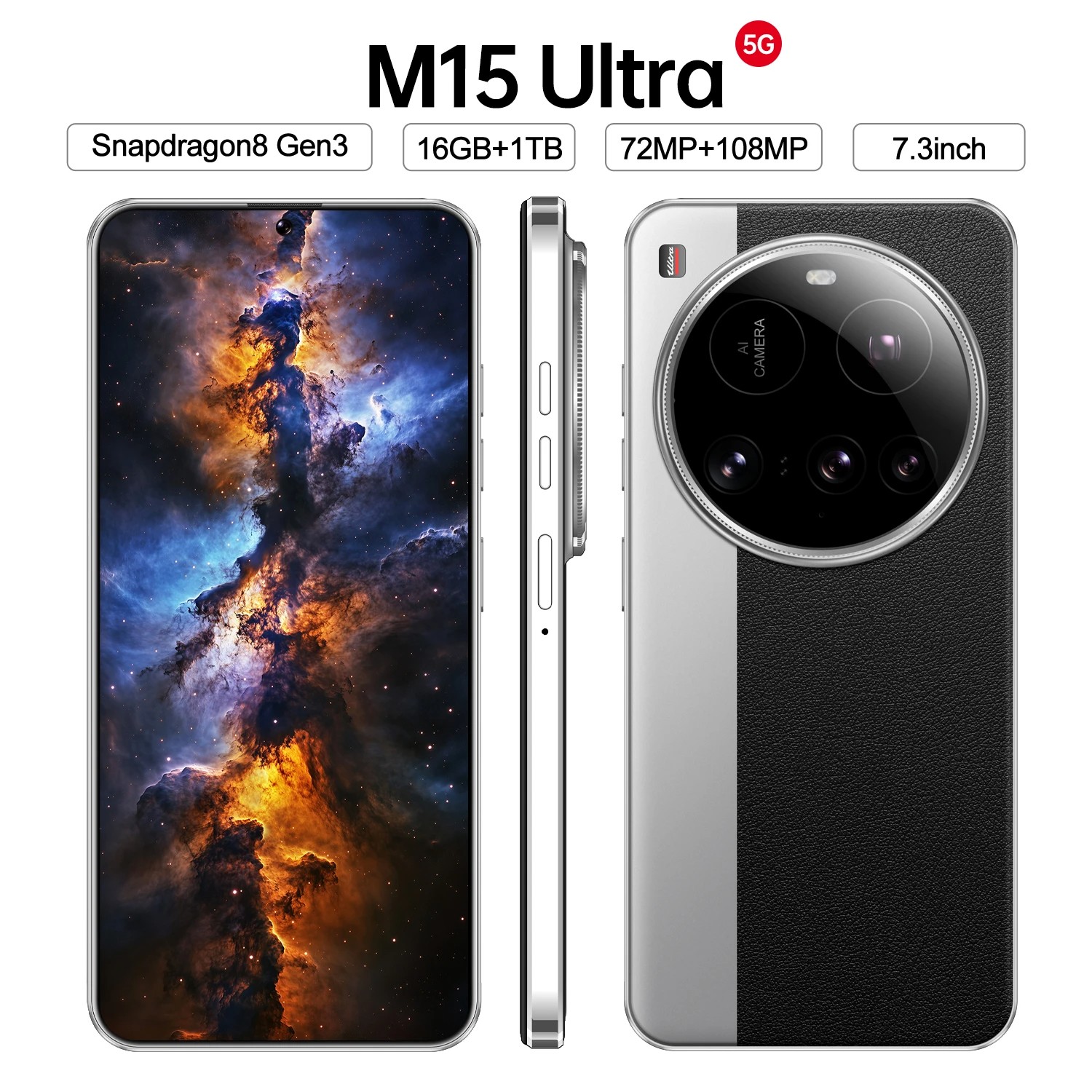 Authentic M15 Ultra smartphone with Android 14, 16+1TB storage, 5G, dual SIM, unlocked for global use, 7.3-inch display.