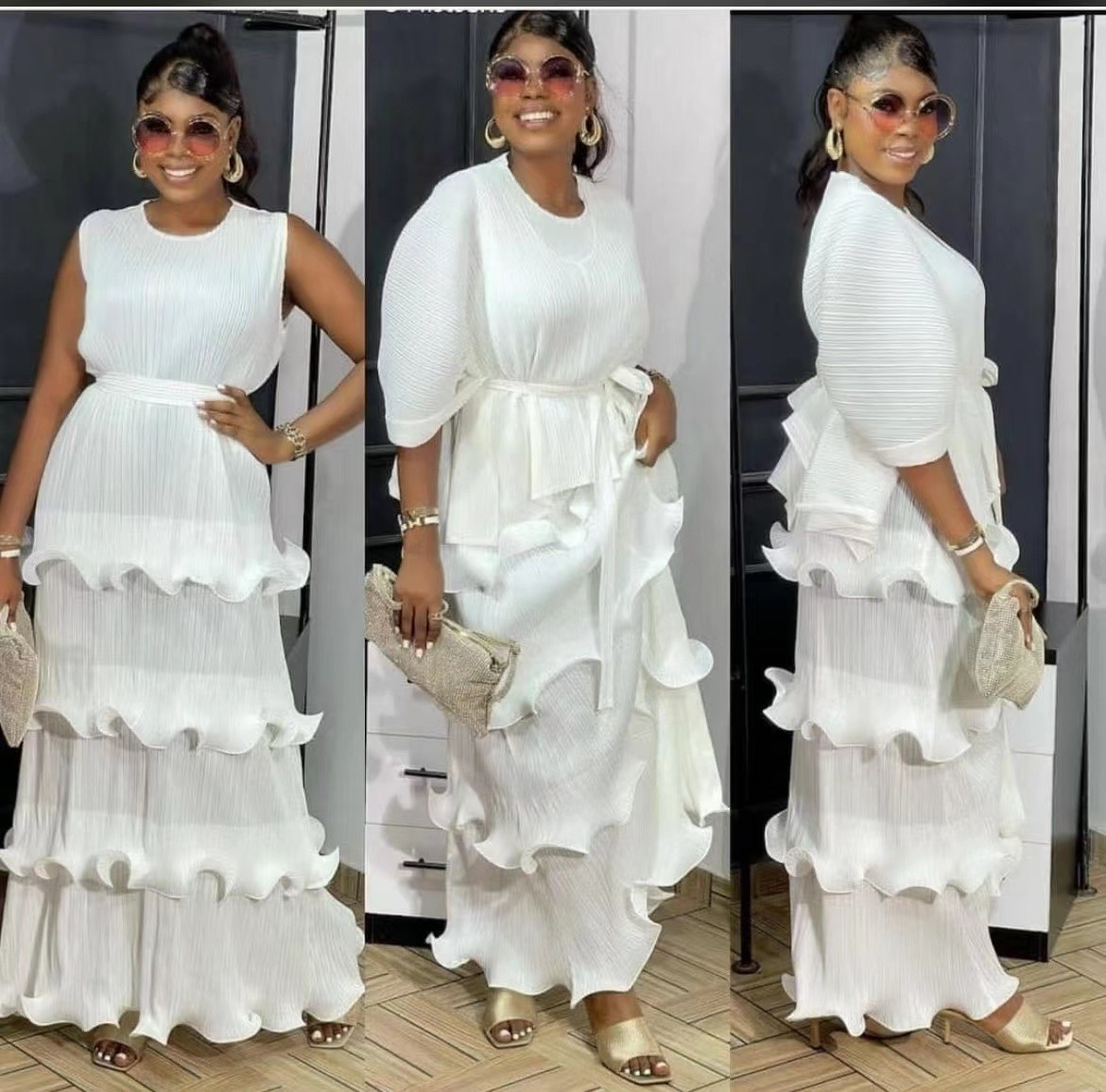 2-Piece Set for Women O-neck Solid Color ShortSleeve Pleats Belt Bodycon Casual Fashion Ruffle Elegant Women Dress